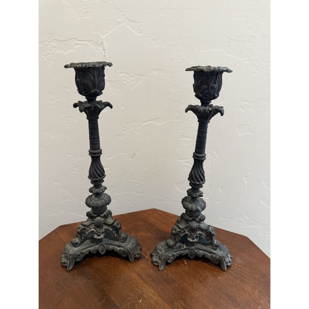 Antique Pair of Brass Baroque Rococo Revival Ornate Candlestick Holders 9" 1890s
